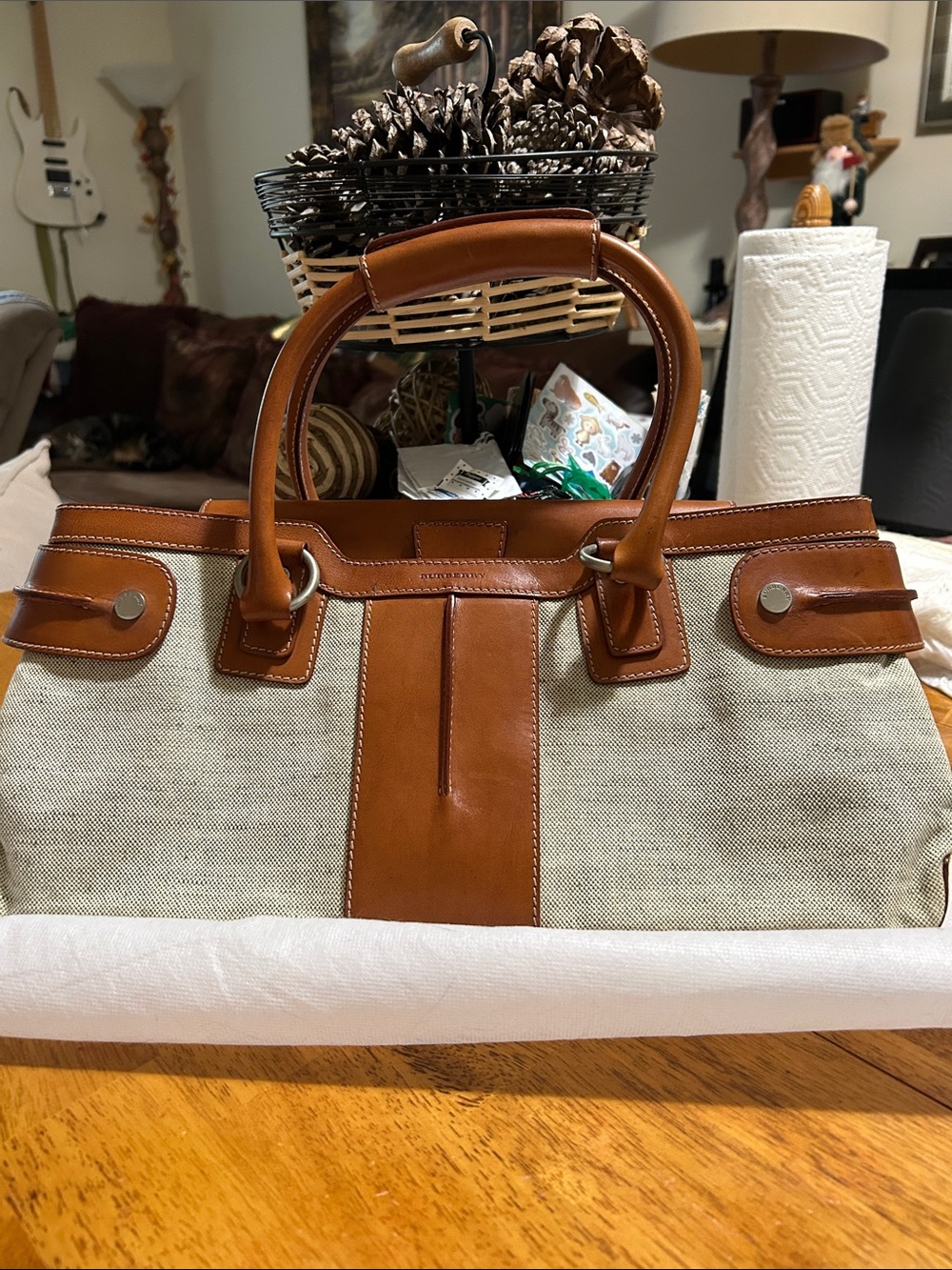Burberry Canvas Tote Bag with Cognac Leather Trim